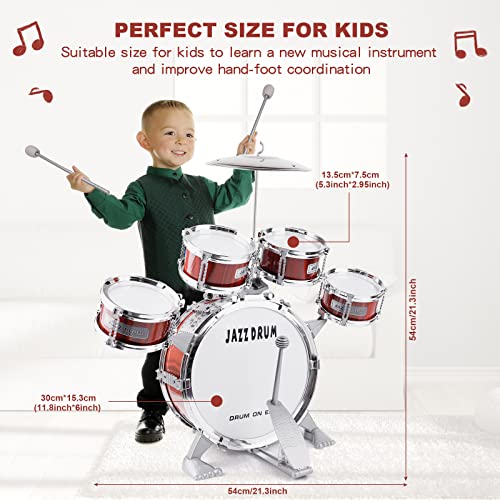 Bateria Musical Niños, Bateria Infantil Jazz Instrumento Percusión con 5 Tambores 1 Platillo 2 Baquetas y Taburete - Musical Educativos Regalo de Navidad para Niños y Niñas de 3 Años, Rojo