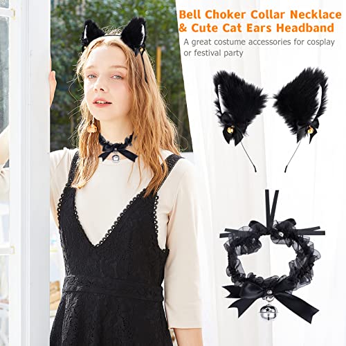 Berkelen Kit Disfraz de Gato Accesorios, Diadema de Oreja de Gato + Gargantilla de Encaje con Campana, Accesorios de Disfraces de Cosplay para Niña Mujer Disfraces Fiesta Halloween Cumpleaños