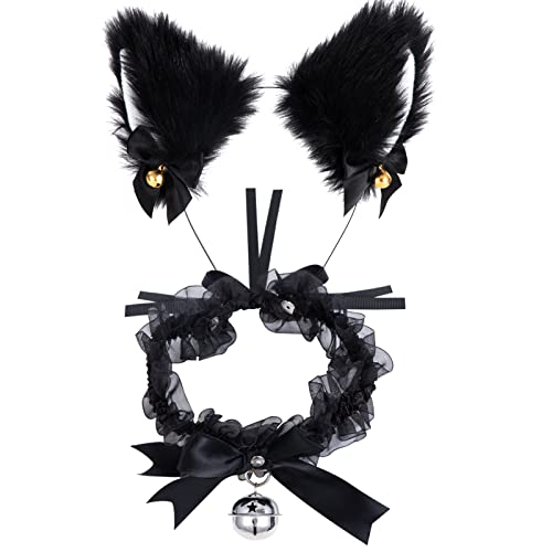 Berkelen Kit Disfraz de Gato Accesorios, Diadema de Oreja de Gato + Gargantilla de Encaje con Campana, Accesorios de Disfraces de Cosplay para Niña Mujer Disfraces Fiesta Halloween Cumpleaños