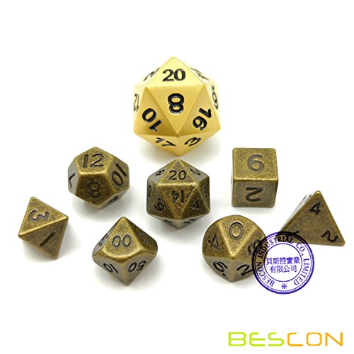 Bescon 10MM Mini Solid Metal Dice Set Ancient Brass, Mini Metallic Polyhedral D&D RPG Miniature Dice 7-Sets