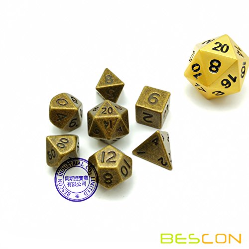 Bescon 10MM Mini Solid Metal Dice Set Ancient Brass, Mini Metallic Polyhedral D&D RPG Miniature Dice 7-Sets