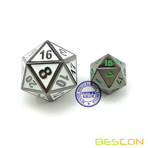 Bescon 10MM Mini Solid Metal Dice Set Rough Metallic Surface with Green Numbers, Mini Metal Polyhedral D&D RPG Miniature Dice 7-Set