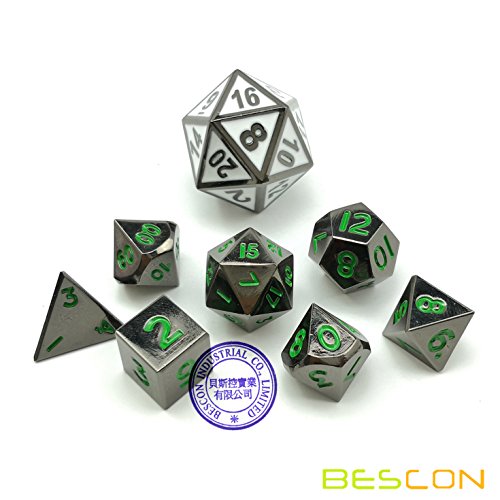 Bescon 10MM Mini Solid Metal Dice Set Rough Metallic Surface with Green Numbers, Mini Metal Polyhedral D&D RPG Miniature Dice 7-Set