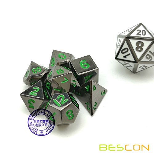 Bescon 10MM Mini Solid Metal Dice Set Rough Metallic Surface with Green Numbers, Mini Metal Polyhedral D&D RPG Miniature Dice 7-Set