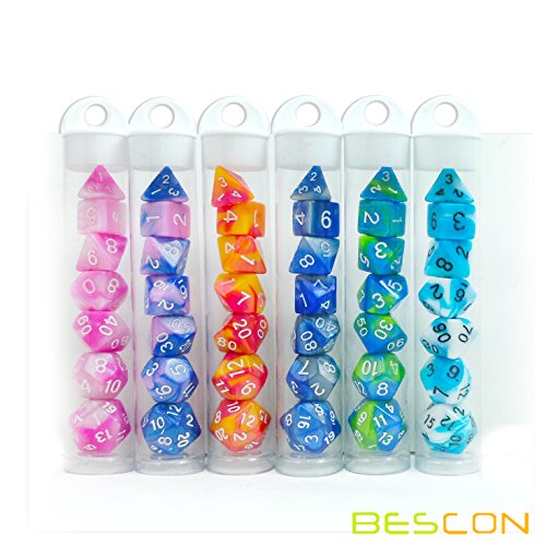 Bescon Mini Gemini Two Tone Polyhedral RPG Dice Set 10MM, Mini RPG Dice Set D4-D20 in Tube Packaging, Assorted Colored of 42pcs (7X6