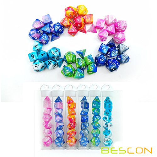 Bescon Mini Gemini Two Tone Polyhedral RPG Dice Set 10MM, Mini RPG Dice Set D4-D20 in Tube Packaging, Assorted Colored of 42pcs (7X6