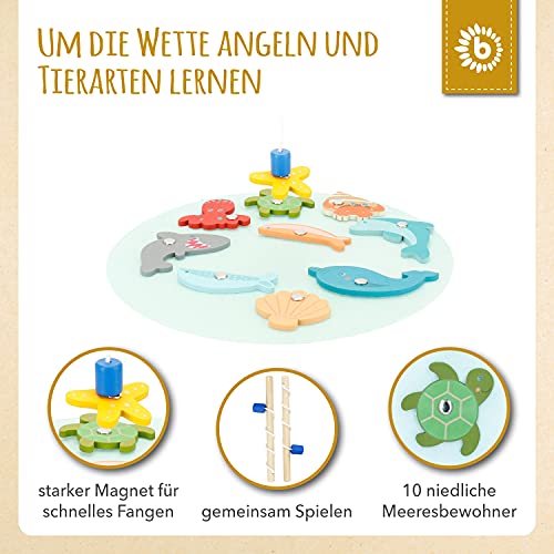 Bieco Juego magnético de pescado, 13 piezas, juego de pesca de madera a partir de 2 años, juguete de madera de 24 cm de diámetro, ángel magnético, juguete para niños a partir de 2 años