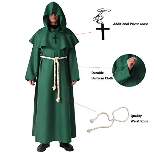 BLESSUME Disfraces de Monje Sacerdote Túnica Fraile Medieval Capucha Encapuchado Monje Renacimiento Túnica Disfraz (L, Verde)