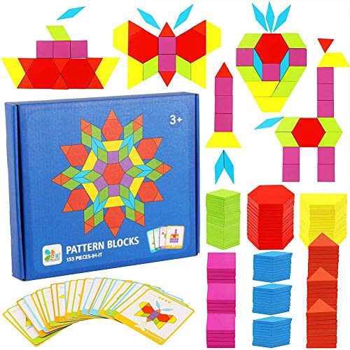 Bloques de Madera,155 Pack Bloques de Patrones de Madera Geométrica Puzzles Bloques de Construcción Rompecabezas Tangram Montessori de Colores con 24 Pieza de Tarjetas de Diseño y Bolsa para Niños 3+