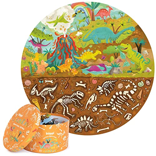 boppi puzle circular de dinosaurios hecho de cartón 100 % reciclado, fósiles de tiranosaurio, estegosaurio y tricerátops, para niños de 3, 4, 5, 6, 7 y 8 años, 58 cm de diámetro