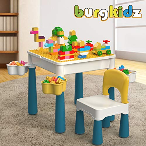 burgkidz Juego de Mesa y Silla de Bloques de Construcción para Niños, Mesa Multiactividad con 1 Silla y 130 Piezas de Bloques Grandes, Juguetes Compatibles con Ladrillos Creativos para Niños y Niñas