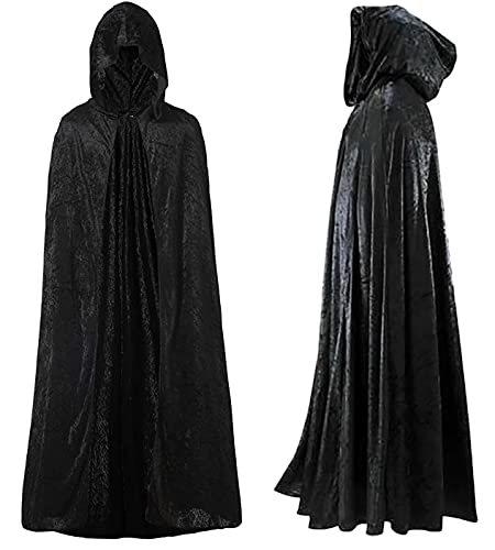 Capa con Capucha Terciopelo Largo Medieval, Disfraces de Bruja, Vampiro Princesa, Fiesta de Carnaval Halloween, para Hombre y Mujer (Negro, 140CM)