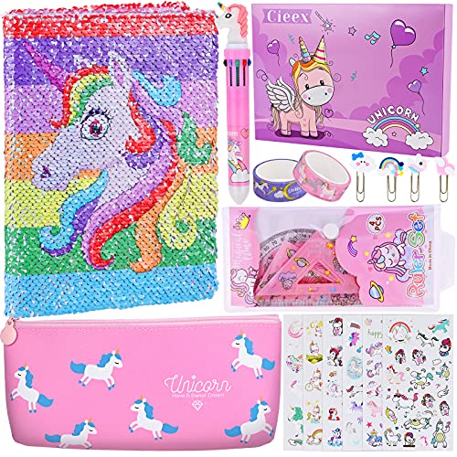 Cieex Regalos de Unicornio para Niñas Set de Papelería Unicornio Cuaderno, Estuche Escolar, Bolígrafo, Pegatinas, Cinta Washi, Marcador de Libro, Conjunto de geometría, para Niñas 4 5 6 7 8 9 10 años