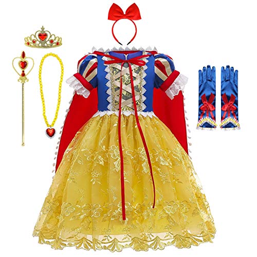 CinheyU Niñas Traje de Carnaval Disfraz de Blancanieves Princesa Cumpleaños Boda Fiesta Navidad Ceremonia Halloween Cosplay Vestidos de Snow White con Capa Accesorios 2-3 años