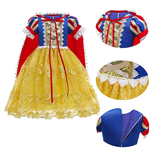 CinheyU Niñas Traje de Carnaval Disfraz de Blancanieves Princesa Cumpleaños Boda Fiesta Navidad Ceremonia Halloween Cosplay Vestidos de Snow White con Capa Accesorios 2-3 años