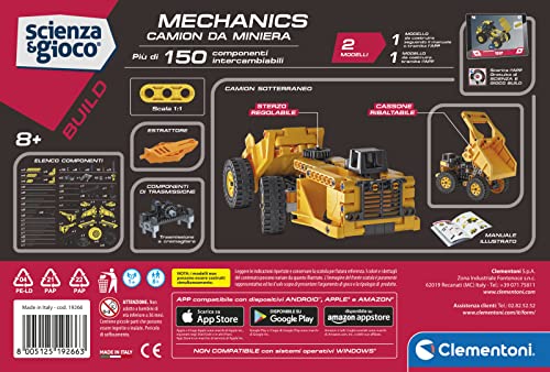 Clementoni- Ciencia Build-Camión de minero construcción Infantil 2 en 1, Laboratorio mecánico, Juego científico 8 años, Manual en Italiano, Made in Italy, Multicolor, Medio (19266)