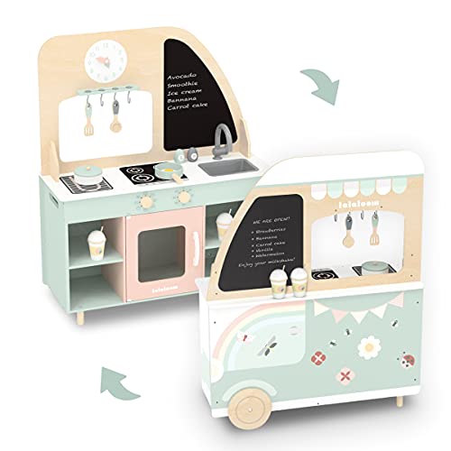 Cocinita portátil infantil de madera, FOODIE TRUCK, con accesorios, cocina de juguete para niños, diseño exclusivo, color verde rosa, desde 3 años