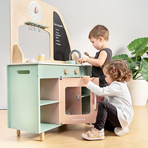 Cocinita portátil infantil de madera, FOODIE TRUCK, con accesorios, cocina de juguete para niños, diseño exclusivo, color verde rosa, desde 3 años