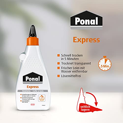 Cola de madera Ponal Express, cola de madera transparente y de secado rápido para encolados versátiles y trabajos de artesanía, cola impermeable en un práctico frasco de 550 g