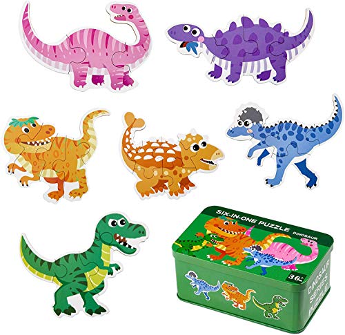 Comius Sharp Puzzle de Madera, 6 Pack Rompecabezas Puzzle Juguetes Bebes para Niños de 1 2 3 4 5 Años Montessori Educativos Regalos 3D Patrón Puzles con Caja de Rompecabezas de Metal (Dinosaur)