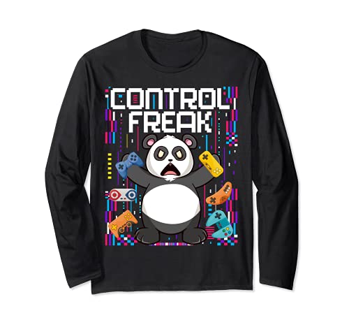 Control Freak Panda Blanco y Negro Gaming Kawaii Gamer Anime Manga Larga