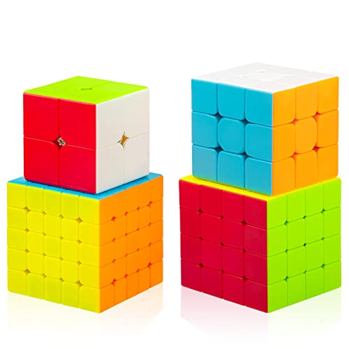 Cooja Cubos de Velocidad, 4 Piezas Speed Cube Set 2x2 + 3x3 + 4x4 + 5x5, Smooth Magic Cube Puzzle Durable Regalo de Juguetes para Niños Niñas