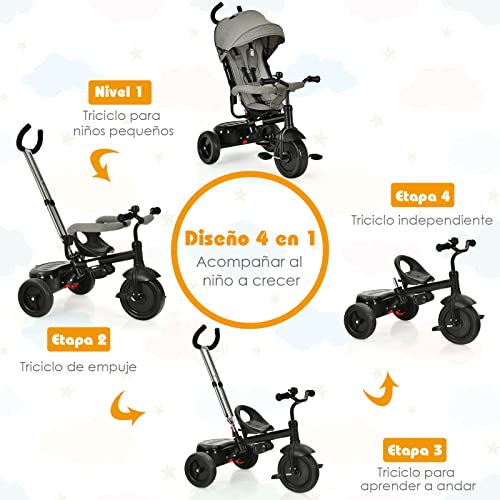 COSTWAY Triciclo para Niños, Triciclo 4 en 1 con Mango de Empuje Regulable y Techo, Cinturón de Seguridad, Reposapiés Plegable, Frenos Duraderos, Bicicleta de Empuje para Niños 1-6 Años (Gris)