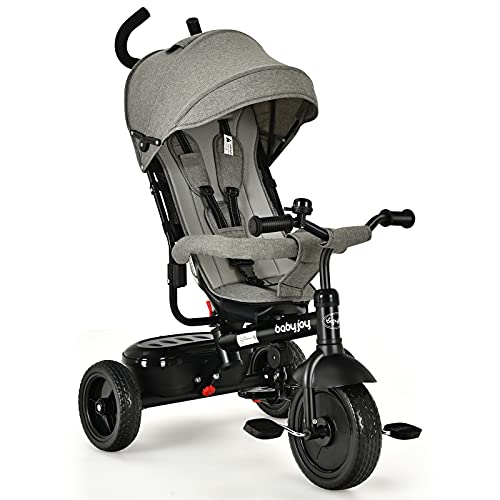 COSTWAY Triciclo para Niños, Triciclo 4 en 1 con Mango de Empuje Regulable y Techo, Cinturón de Seguridad, Reposapiés Plegable, Frenos Duraderos, Bicicleta de Empuje para Niños 1-6 Años (Gris)