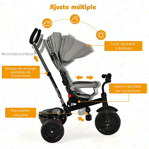 COSTWAY Triciclo para Niños, Triciclo 4 en 1 con Mango de Empuje Regulable y Techo, Cinturón de Seguridad, Reposapiés Plegable, Frenos Duraderos, Bicicleta de Empuje para Niños 1-6 Años (Gris)