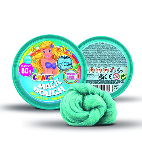 CRAZE-Intelligente Superknete für Kinder MAGIC DOUGH Inteligente para niños Mermaid green 80g en lata BPA sin gluten 12826, individual, colores surtidos