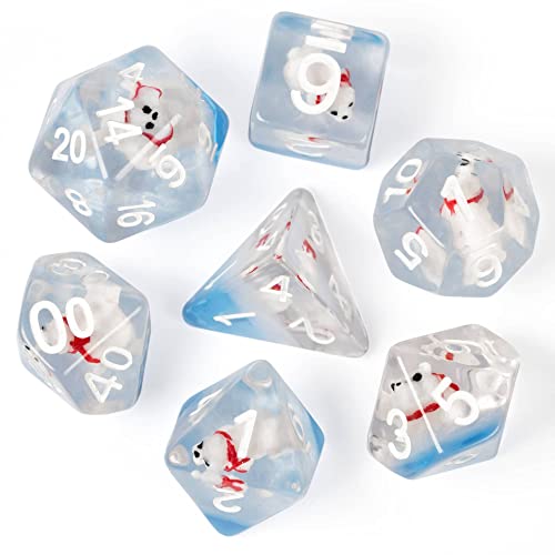 cusdie Juego de dados DND de 7 troqueles, dados poliédricos rellenos de animales, para juego de rol Mazmorras y dragones D&D Dice MTG Pathfinder (oso polar)