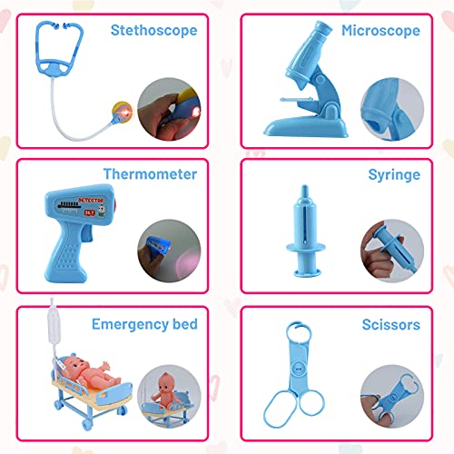 deAO Maletín de Doctor 4 en 1 con Temática de Hospital, Enfermería, Clínica Dental y Laboratorio Clínico Juego de Imitación para Niños y Niñas Incluye Accesorios con Luz y Sonidos