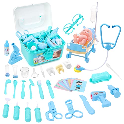 deAO Maletín de Doctor 4 en 1 con Temática de Hospital, Enfermería, Clínica Dental y Laboratorio Clínico Juego de Imitación para Niños y Niñas Incluye Accesorios con Luz y Sonidos