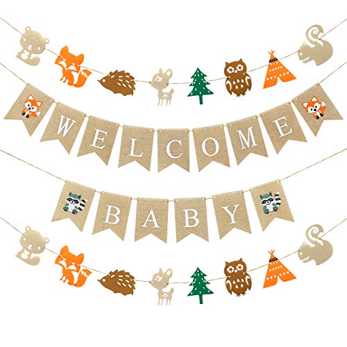 Decoración de Baby Shower Banner de Bosque de Niño, 1 Pancarta de Welcome Baby, 2 Banderas de Criatura de Bosque Guirnalda de Amigo Animal Bosque Ciervo Zorro Decoración de Cumpleaños Baby Shower