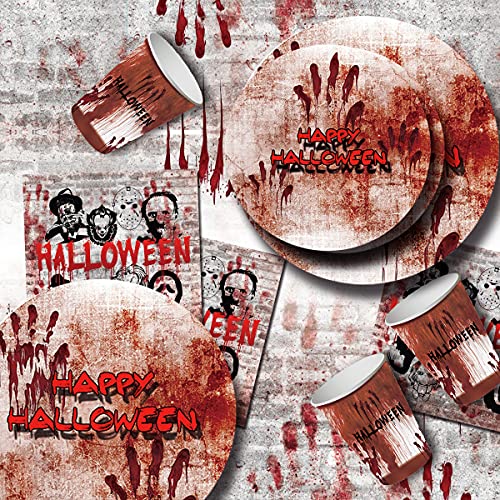 Decoración Halloween Vajilla Terror para 20 Invitados,Pancarta,Mantel Ensangrentado,Platos,Tazas,Mesa Ensangrentada,Decoración Fiestas Halloween Víspera Terror,Cumpleaños,Decoración Fiesta de Navideña