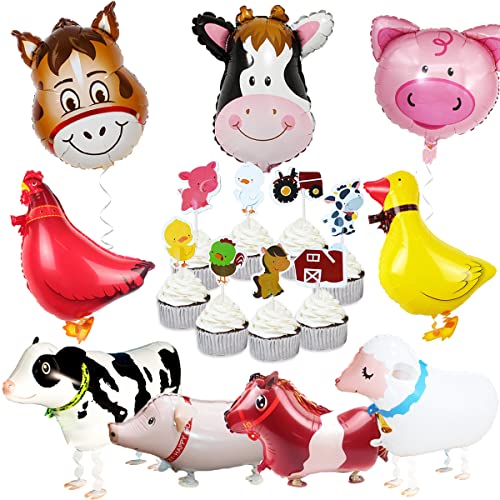 Decoraciones de animales de granja Decoraciones de fiesta de corral Globos y adorno de cupcake (pollo pato vaca oveja burro cerdo)