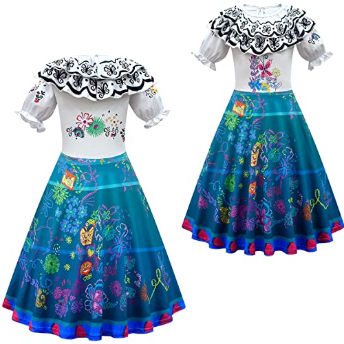 Deleventh Niña Mirabel Costume para Niños Cosplay Halloween Carnaval Mascarada Cumpleaños Fiesta Disfraz Película Fantasía Mágica Hermanas Isabela Luisa Dolores Tía Pepa Capa Ballet Vestir y Bolso Set