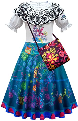 Deleventh Niña Mirabel Costume para Niños Cosplay Halloween Carnaval Mascarada Cumpleaños Fiesta Disfraz Película Fantasía Mágica Hermanas Isabela Luisa Dolores Tía Pepa Capa Ballet Vestir y Bolso Set