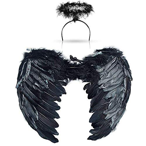 Disfraz de alas de ángel, plumas para niños y adultos, con aureola para Halloween, Carnaval, Cosplay, fiestas (negro, pequeño (45 x 35 cm)