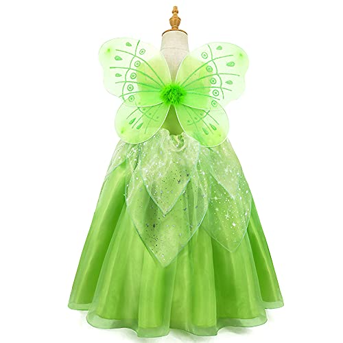 Disfraz de Campanilla con ala Mariposa para Niña Princesa Vestido Tutú de Hada del Bosque Vestirse de Elfo Verde Disfrace para Fiesta de Cumpleaño Halloween Cosplay Navidad Carnaval Verde 4-5 Años