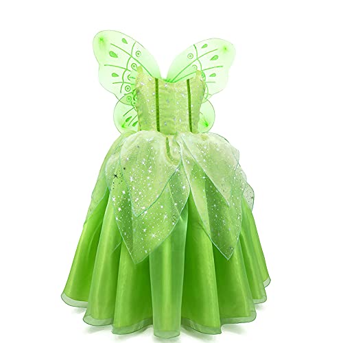 Disfraz de Campanilla con ala Mariposa para Niña Princesa Vestido Tutú de Hada del Bosque Vestirse de Elfo Verde Disfrace para Fiesta de Cumpleaño Halloween Cosplay Navidad Carnaval Verde 4-5 Años