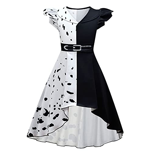 Disfraz de Cruella Deville para Niña Cosplay de Halloween del Perro Dálmata 2021 Carnaval Fiesta Película Personaje Disfraz Manchadas Vestido con Guantes Peluca Soporte para Cigarrillos Set 9-10 Años