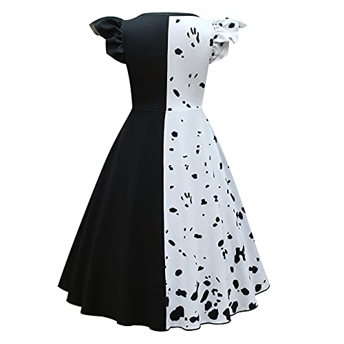 Disfraz de Cruella Deville para Niña Cosplay de Halloween del Perro Dálmata 2021 Carnaval Fiesta Película Personaje Disfraz Manchadas Vestido con Guantes Peluca Soporte para Cigarrillos Set 9-10 Años