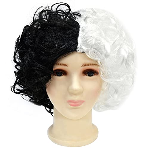 Disfraz de Cruella Deville para Niña Cosplay de Halloween del Perro Dálmata 2021 Carnaval Fiesta Película Personaje Disfraz Manchadas Vestido con Guantes Peluca Soporte para Cigarrillos Set 9-10 Años