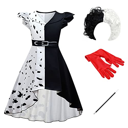 Disfraz de Cruella Deville para Niña Cosplay de Halloween del Perro Dálmata 2021 Carnaval Fiesta Película Personaje Disfraz Manchadas Vestido con Guantes Peluca Soporte para Cigarrillos Set 9-10 Años