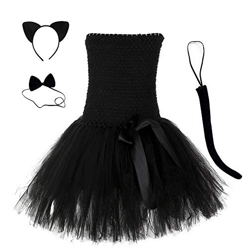 Disfraz de gato negro con tutú para niñas, vestido de princesa para cosplay, tutú de tul con manga de volantes de malla para Halloween (5-6 años)