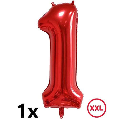 DIWULI, Juego de globos de bomberos, globo XXL número 1 rojo, 1º cumpleaños