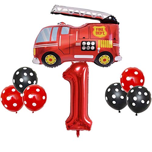 DIWULI, Juego de globos de bomberos, globo XXL número 1 rojo, 1º cumpleaños