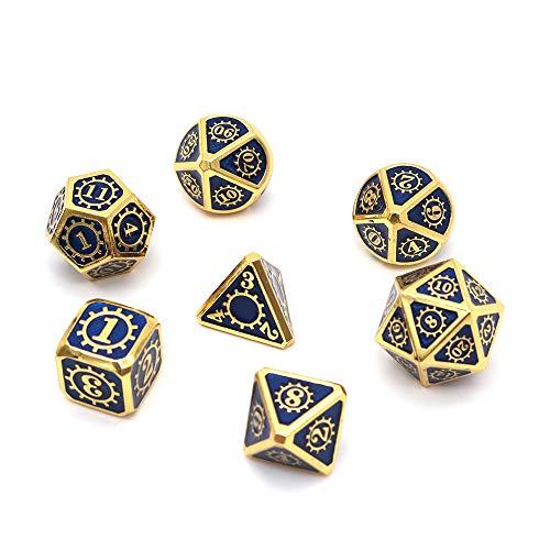 DollaTek Juego de Dados poliédricos de Metal de 7 Piezas con Bolsa de Almacenamiento Negra para Juegos de rol Dungeons and Dragons D&D Math Teaching (Gear Gold and Blue)