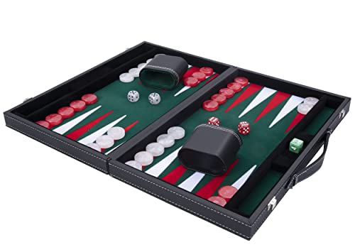 Engelhart - Backgammon de Lujo 45,5 cm Piel Simili, Incrustaciones Especiales de Fieltro - Dados y fichas nacaradas + 2 Tazas (Verde/Rojo/Blanco)